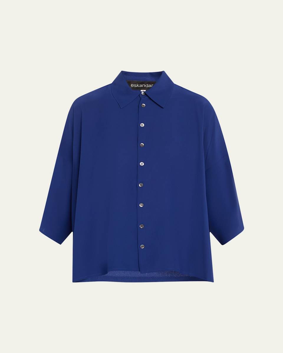 Sloped-Shoulder Wide A-Line Short-Sleeve Shirt With Collar (Mid Length)